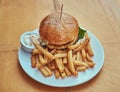 Close-up image of a hamburger with French fries and spicy sauce on a white plate. Unhealthy food concept Royalty Free Stock Photo
