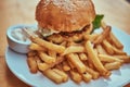 Close-up image of a hamburger with French fries and spicy sauce on a white plate. Unhealthy food concept Royalty Free Stock Photo