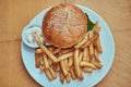 Close-up image of a hamburger with French fries and spicy sauce on a white plate. Unhealthy food concept Royalty Free Stock Photo