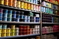 A close-up image highlighting a stack of paint canisters, paint cans, and other supplies neatly organized in a paint shop,