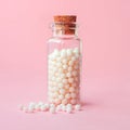 Close-up image of homeopathic globules in glass bottle on pastel pink background. Alternative homeopathy medicine herbs, Royalty Free Stock Photo