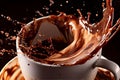 Close-up image of a hot cup of cocoa being poured, capturing the swirling motion and the splashes of chocolate as it fills the cup