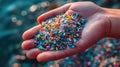 A close-up image of a human hand holding a collection of microplastics, showcasing the small, colorful fragments of