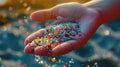 A close-up image of a human hand holding a collection of microplastics, showcasing the small, colorful fragments of