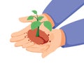 Close up image of human hands holding sprout. Hand drawn style vector design illustrations. Ecology safe