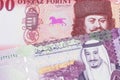 A close up image of Hungarian money with Saudi Arabian money