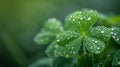 Close-up Irish Shamrock with drops of dew on its leaves. St. Patrick's Day wide banner. AI Generated Royalty Free Stock Photo