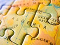 Close up of a jigsaw puzzle map depicting Algeria