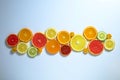 Close up image of juicy organic assorted sliced citrus fruits, visible core texture, bright paper textured background, copy space Royalty Free Stock Photo