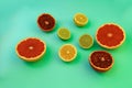 Close up image of juicy organic whole and halved assorted citrus fruits with visible core texture, isolated white background, copy Royalty Free Stock Photo