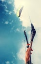 Close up image kitesurfer hand with kite in blue sky Royalty Free Stock Photo