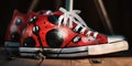 Close up image of a ladybug painted on a pair of sneakers, concept of Insect-inspired fashion, created with Generative