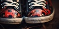 Close up image of a ladybug painted on a pair of sneakers, concept of Insect-inspired fashion, created with Generative