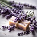 A close-up image of a lavender soap sitting atop a rustic wooden table