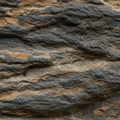Close-up image of layered metamorphic rock, likely schist or gneiss, displaying