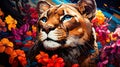 Close up of image of lion surrounded by flowers. Generative AI