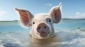 Close-up image of a little pig swimming in the sea. Blurred background.