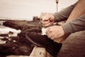 Close up image of man tying snickers. Royalty Free Stock Photo