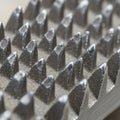 A close-up image of a metallic surface featuring rows of sharp, triangular spikes. The Royalty Free Stock Photo