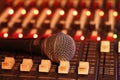 Close-up image of a microphone lying on a sound mixing table in a music studio Royalty Free Stock Photo