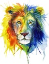 Close-up image of a multi-colored face of a lion painted in bright watercolor