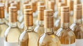 A close-up image of multiple glass bottles of white wine with gold caps lined up in a row Royalty Free Stock Photo