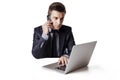 Close up image of multitasking business man using a laptop and mobile phone Royalty Free Stock Photo