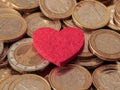 Close-up image of one and two Euro coins with red heart showing passion for money Royalty Free Stock Photo