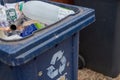 Close-up image on an opened blue plastic recycle bin.