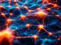 Close-up image of an orange yellow glowing node network, resembling neural or electronic structures on a dark blue
