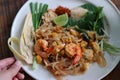 Close-up image of Pad Thai, fresh shrimp, popular Thai food, put vegetables in a plate Royalty Free Stock Photo