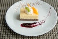 Image of a piece cheese cake with mandarins Royalty Free Stock Photo