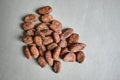 Close-up image of a pile of dry cocoa beans (seeds of the cacao tree) on a rough paper. Royalty Free Stock Photo