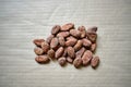 Close-up image of a pile of dry cocoa beans (seeds of the cacao tree) on a rough paper. Royalty Free Stock Photo