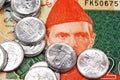 A twenty Pakistani rupee bank note with a pile of one rupee coins from Pakistan Royalty Free Stock Photo