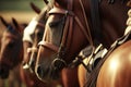 Close-up image of polo horses and ponies in a paddock, saddled up for a game with polo saddles. Generative AI