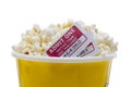 Close up image of popcorn with cinema ticket