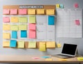 A close-up image of a pristine bulletin board with an array of colorful sticky notes, productivity Royalty Free Stock Photo