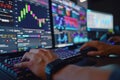Close-up of Programmer's Hands on Keyboard with Debugging and Analytics on Monitors Royalty Free Stock Photo