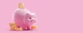 Close-up image putting coins in pink piggy bank for account save money. Planning step up, saving money for future plan Royalty Free Stock Photo