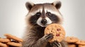 Close-up image of a raccoon holding a cookie, surrounded by more cookies. On light background. Cute animal. Ideal for