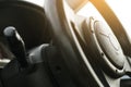 Close up image of racing performace steering wheel and horn Royalty Free Stock Photo