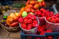 Red peppers in plastic containers in the market for sale Royalty Free Stock Photo