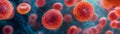 Close-up image of red biological cells under a microscope, showcasing detailed cellular structures in a vibrant, scientific