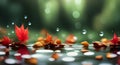 Close-up image of red leaves above water with blurred droplets