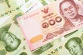 A Thai baht note with Chinese one yuan bills Royalty Free Stock Photo