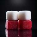 close up image of red and white sugar candy cubes, isolated on a black background