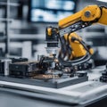 A close-up image of a robotic arm assembling advanced microelectronics in a high-tech facility2