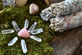Rose Quartz Crystals and White Sage Smudge Sticks Royalty Free Stock Photo