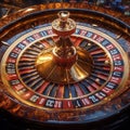 Close-up image of a roulette wheel, displaying red and black sections numbered 1-36, with a spinning ball holder or Royalty Free Stock Photo